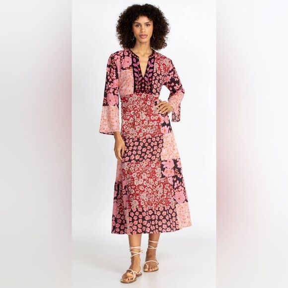 Johnny Was Flora Tie Back Cotton Midi Dress in Multi Patchwork - size XS - Picture 1 of 12